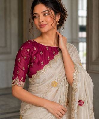 Off white fendy satin silk blend embroidered saree with cutwork border 3
