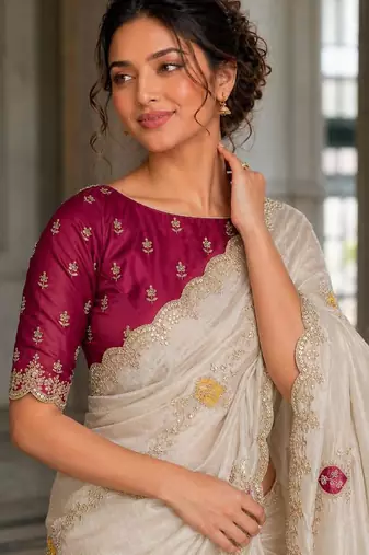 Off white fendy satin silk blend embroidered saree with cutwork border