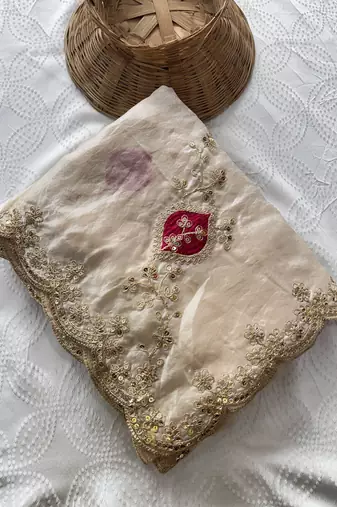 Off white fendy satin silk blend embroidered saree with cutwork border