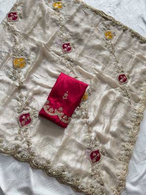 Off white fendy satin silk blend embroidered saree with cutwork border 5