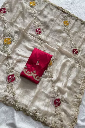 Off white fendy satin silk blend embroidered saree with cutwork border