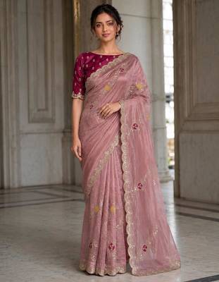 Peach fendy satin silk blend embroidered saree with cutwork border 1