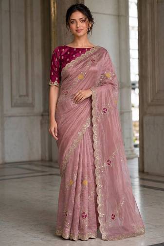 Peach fendy satin silk blend embroidered saree with cutwork border