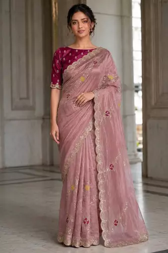 Peach fendy satin silk blend embroidered saree with cutwork border