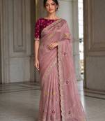 Peach fendy satin silk blend embroidered saree with cutwork border