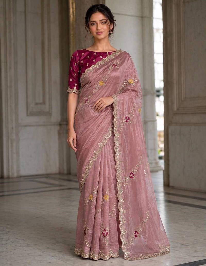 Peach fendy satin silk blend embroidered saree with cutwork border