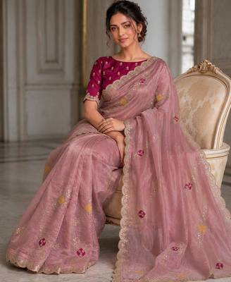 Peach fendy satin silk blend embroidered saree with cutwork border 2