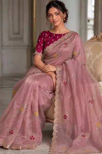 Peach fendy satin silk blend embroidered saree with cutwork border