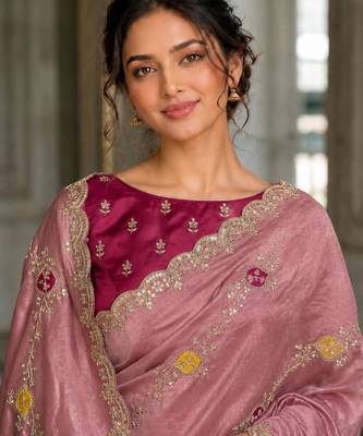 Peach fendy satin silk blend embroidered saree with cutwork border 3