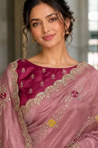 Peach fendy satin silk blend embroidered saree with cutwork border