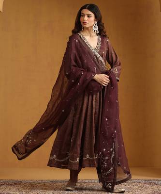 Plum brown embroidered cotton tissue long kurti set 1