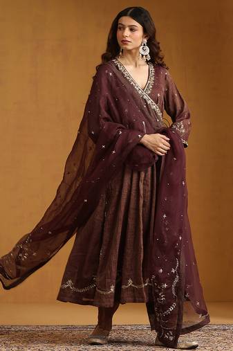 Plum brown embroidered cotton tissue long kurti set