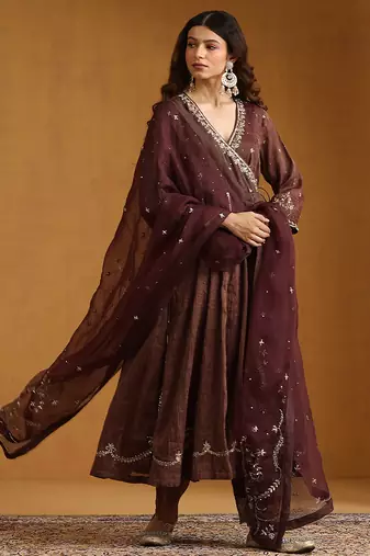Plum brown embroidered cotton tissue long kurti set
