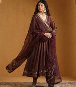 Plum brown embroidered cotton tissue long kurti set
