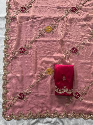 Peach fendy satin silk blend embroidered saree with cutwork border 4