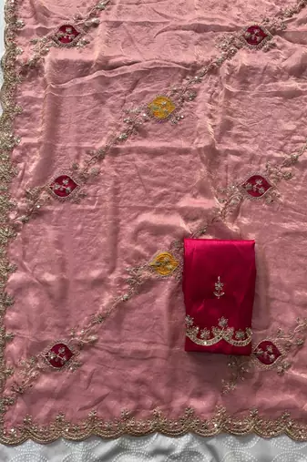 Peach fendy satin silk blend embroidered saree with cutwork border