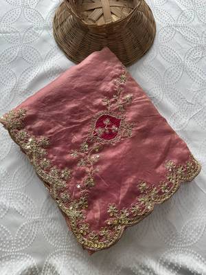 Peach fendy satin silk blend embroidered saree with cutwork border 5