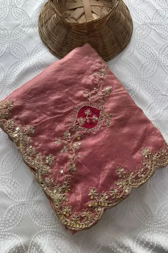 Peach fendy satin silk blend embroidered saree with cutwork border