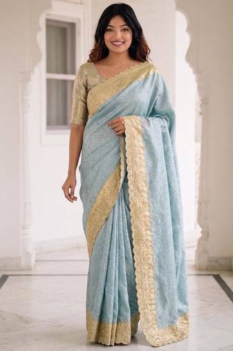 Blue kanjivaram silk blend embroidered saree with unstitched blouse