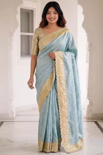 Blue kanjivaram silk blend embroidered saree with unstitched blouse