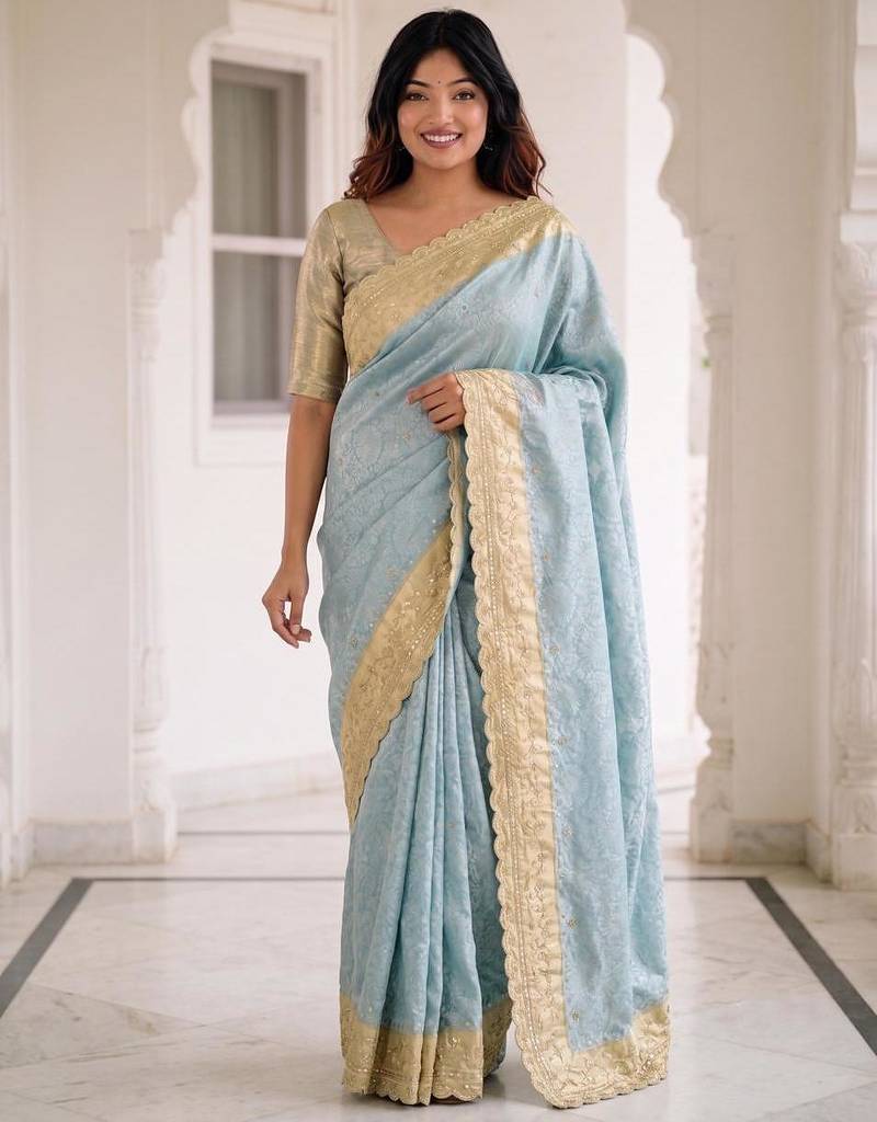 Blue kanjivaram silk blend embroidered saree with unstitched blouse