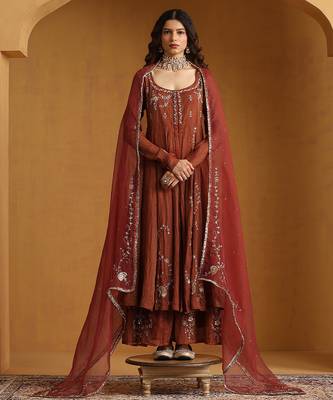 Rust orange embroidered cotton tissue anarkali set 1