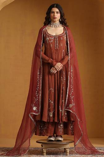 Rust orange embroidered cotton tissue anarkali set