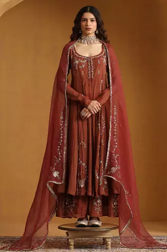 Rust orange embroidered cotton tissue anarkali set