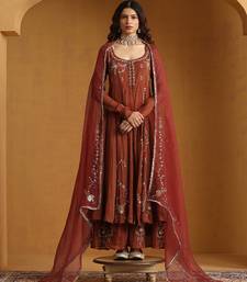 Rust orange embroidered cotton tissue anarkali set