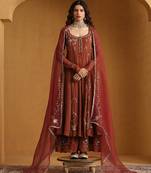 Rust orange embroidered cotton tissue anarkali set