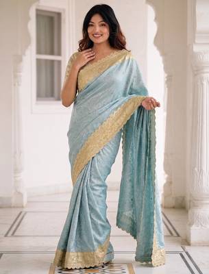 Blue kanjivaram silk blend embroidered saree with unstitched blouse 2