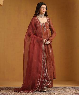 Rust orange embroidered cotton tissue anarkali set 2