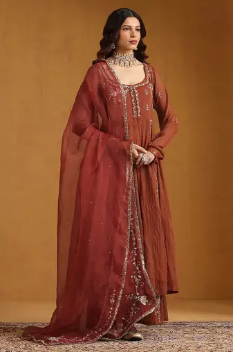 Rust orange embroidered cotton tissue anarkali set