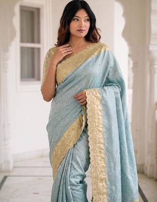 Blue kanjivaram silk blend embroidered saree with unstitched blouse 3