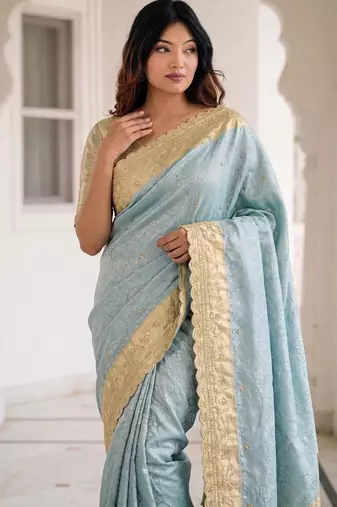 Blue kanjivaram silk blend embroidered saree with unstitched blouse