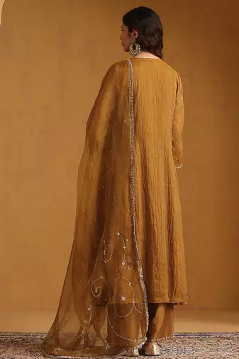 Rust orange embroidered cotton tissue anarkali set