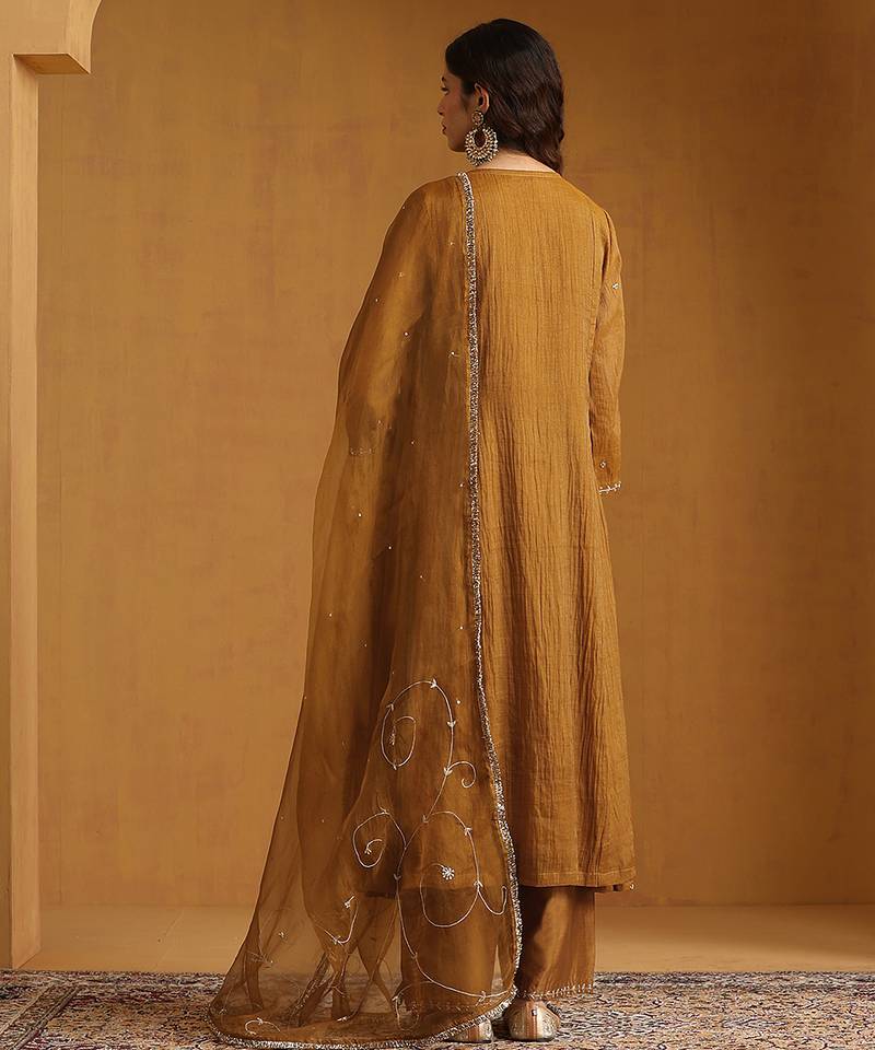 Rust orange embroidered cotton tissue anarkali set