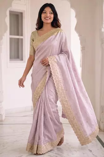 Lavender kanjivaram silk blend embroidered saree with unstitched blouse