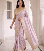 Lavender kanjivaram silk blend embroidered saree with unstitched blouse
