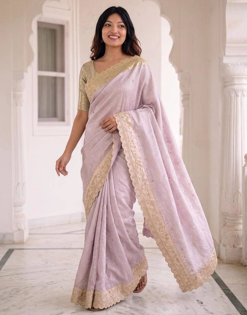 Lavender kanjivaram silk blend embroidered saree with unstitched blouse