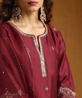 Rust orange embroidered cotton tissue anarkali set 5