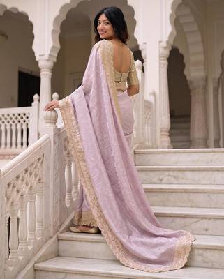 Lavender kanjivaram silk blend embroidered saree with unstitched blouse 2