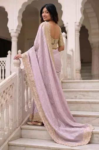 Lavender kanjivaram silk blend embroidered saree with unstitched blouse