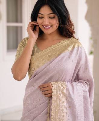 Lavender kanjivaram silk blend embroidered saree with unstitched blouse 3