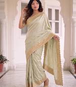 Sea green kanjivaram silk blend embroidered saree with unstitched blouse