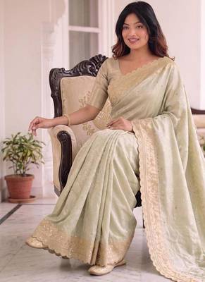 Sea green kanjivaram silk blend embroidered saree with unstitched blouse 2