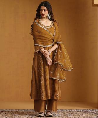 Mustard yellow embroidered cotton tissue long kurti set 1