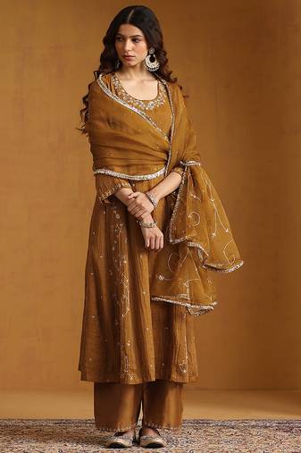 Mustard yellow embroidered cotton tissue long kurti set