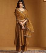 Mustard yellow embroidered cotton tissue long kurti set