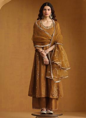 Mustard yellow embroidered cotton tissue long kurti set 2
